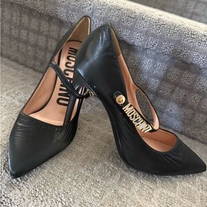 Moschino Black Leather Heels with Gold Accents